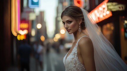 Fototapeta premium Stylish urban bride in contemporary city setting with neon lights