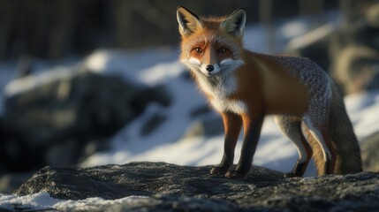 Red Fox Standing on Rocky Terrain in a Snowy Landscape Captured During Winter in Nature