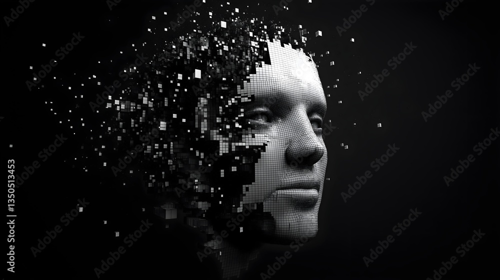 Poster fragmented mind: an artistic grayscale portrayal of a human face dissolving into abstract pixelated 