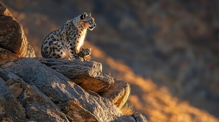 Snow Leopard Resting Wisely on Rocky Outcrop in the Majestic Mountains During Golden Hour Light