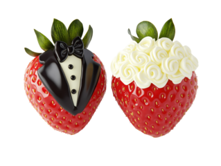 Strawberries dipped in chocolate and decorated as bride and groom, isolated on white transparent background