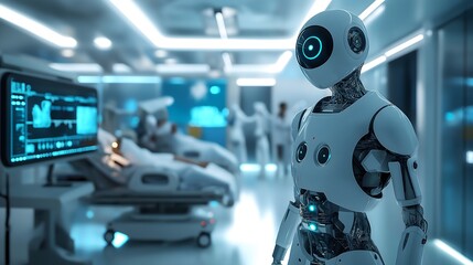 Future of Healthcare: A humanoid robot stands attentively in a modern hospital, surrounded by medical equipment, representing the technological advancements in healthcare and patient care. 