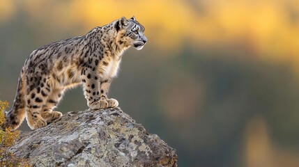 Obraz premium Snow Leopard Standing on Rocky Outcrop Overlooking a Golden Landscape in the Mountains