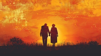 Heartfelt half century wedding celebration card displaying elderly couple holding hand under golden sunset symbolizing enduring love commitment One side remains empty writing special message blessings
