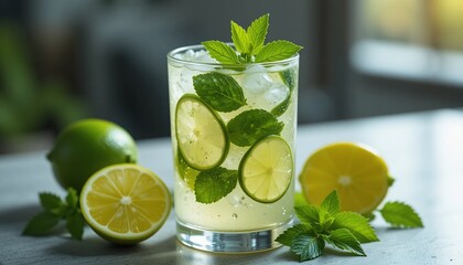 Fototapeta premium Refreshing Lime and Mint Iced Drink in Glass Summer Beverage Close up
