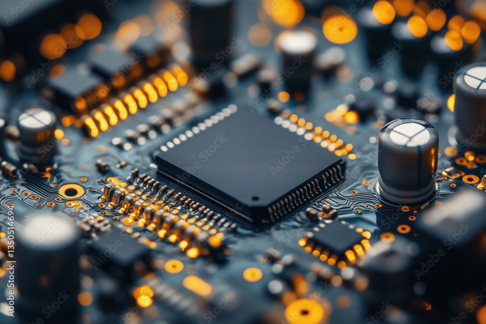 Poster close-up of a circuit board featuring a central microchip, surrounded by various electronic componen