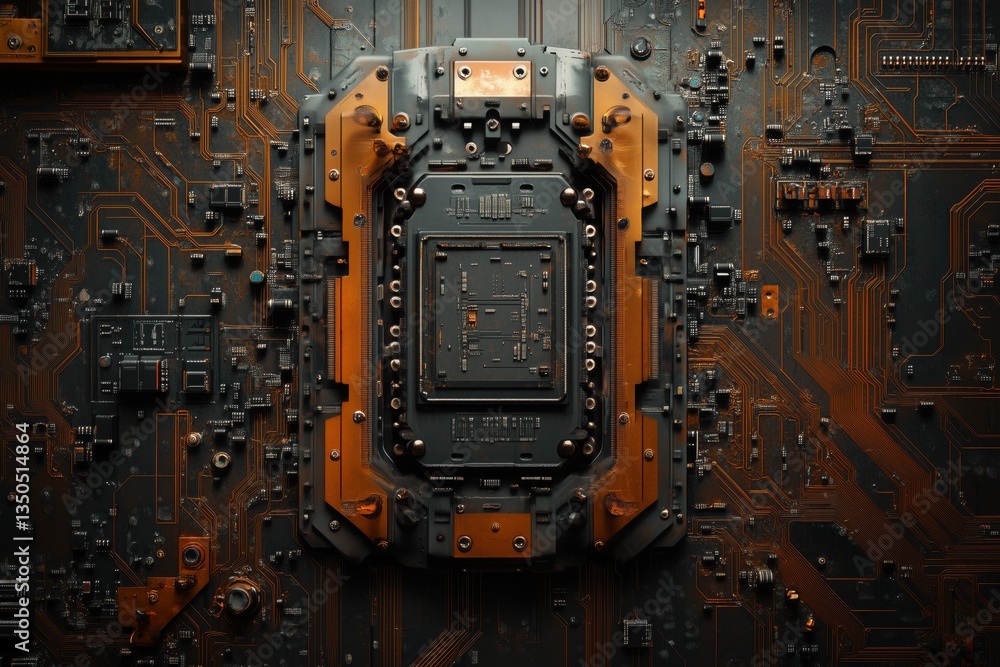 Poster a close-up view of a complex circuit board featuring intricate patterns, metallic components, and a 
