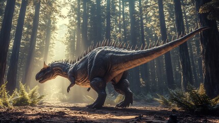 Robust Wuerhosaurus moving through an ancient forest its low spiked body blending with the shadows The towering trees create a cathedral like atmosphere adding mystery to the scene