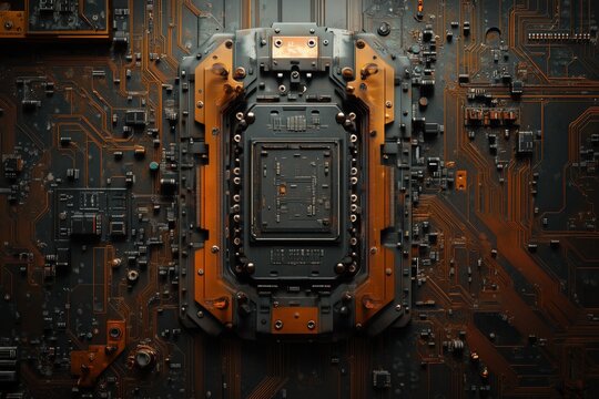 A close-up view of a complex circuit board featuring intricate patterns, metallic components, and a central processing unit (CPU) surrounded by orange and black elements. - Powered by Adobe