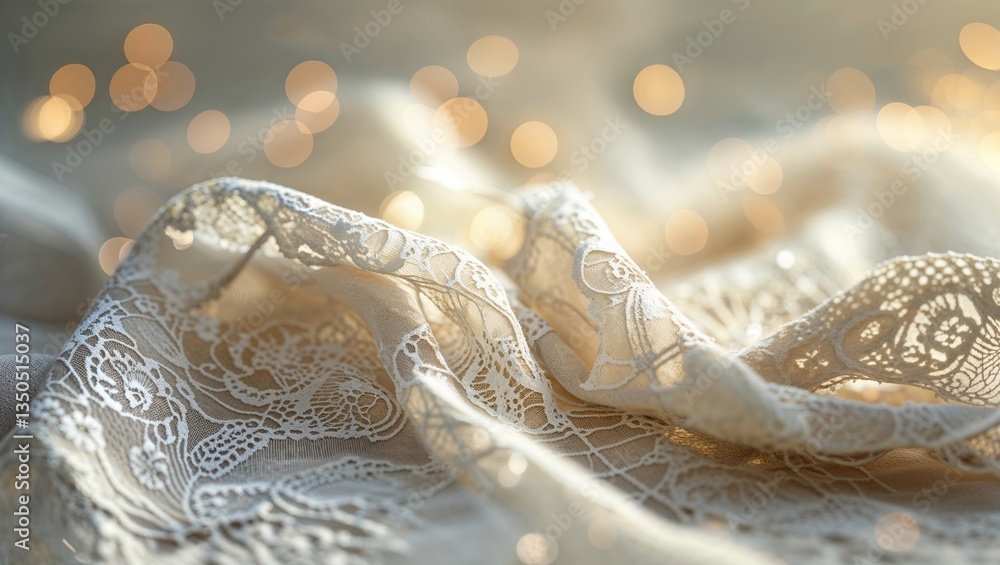 Poster detailed lace fabric shimmering in soft light with blurred golden bokeh during a serene evening sett