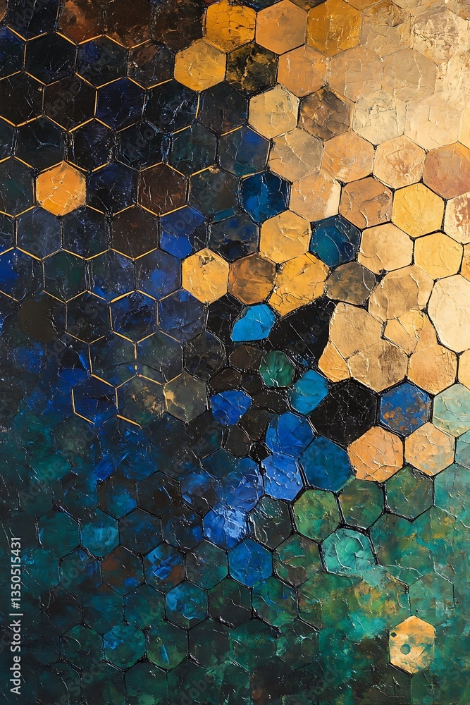Poster random hexagonal layout in gold, blue, and dark green – background template for web banner or birthd