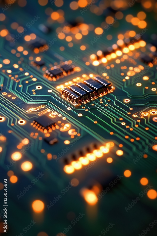 Poster close-up view of a circuit board with glowing lights and intricate pathways, showcasing electronic c