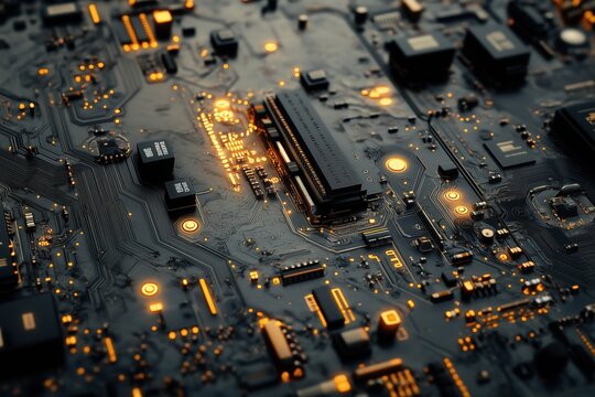 A close-up view of a circuit board with intricate patterns and glowing orange lights. The image showcases various electronic components like chips and resistors, emphasizing technology and innovation.