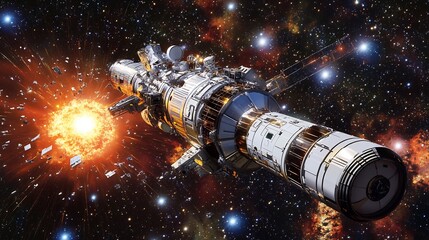 Futuristic spacecraft observing a dying star collapsing into a black hole emitting powerful gamma ray bursts