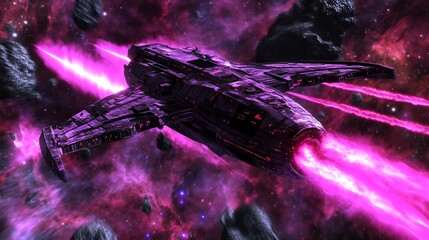 Futuristic spacecraft observing a dying star collapsing into a black hole emitting powerful gamma ray bursts