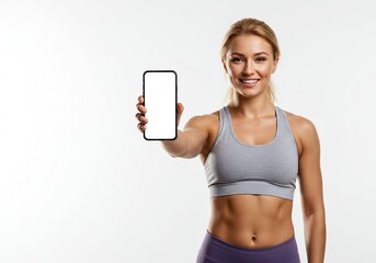 Fit Woman Showing Blank Smartphone Screen Fitness App, Workout Tracker, Health Tech
