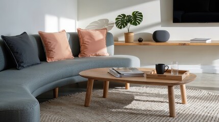 Fototapeta premium Generative AI, Contemporary living room with curved gray sofa and soft peach tones