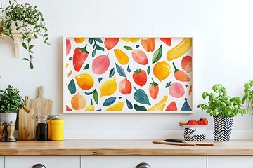 Bright kitchen wall mockup featuring a bold colorful frame with vibrant food illustrations