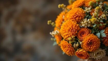 Orange Flowers Bouquet Still Life with Blurred Background for Decoration