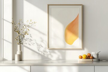 Bright kitchen wall mockup with a framed artwork and clean white decor