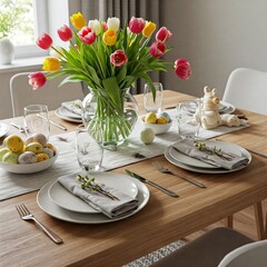Cozy Easter Dining Setup with Rustic Wooden Table, Fresh Tulips, and a Blend of Classic and Modern Decor for a Warm Family Gathering