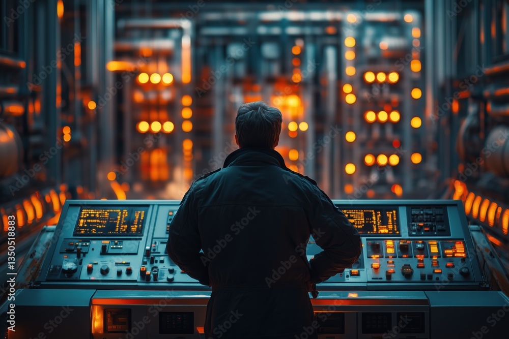 Poster a person relay protection and automation engineer stands in front of a control panel in a futuristic