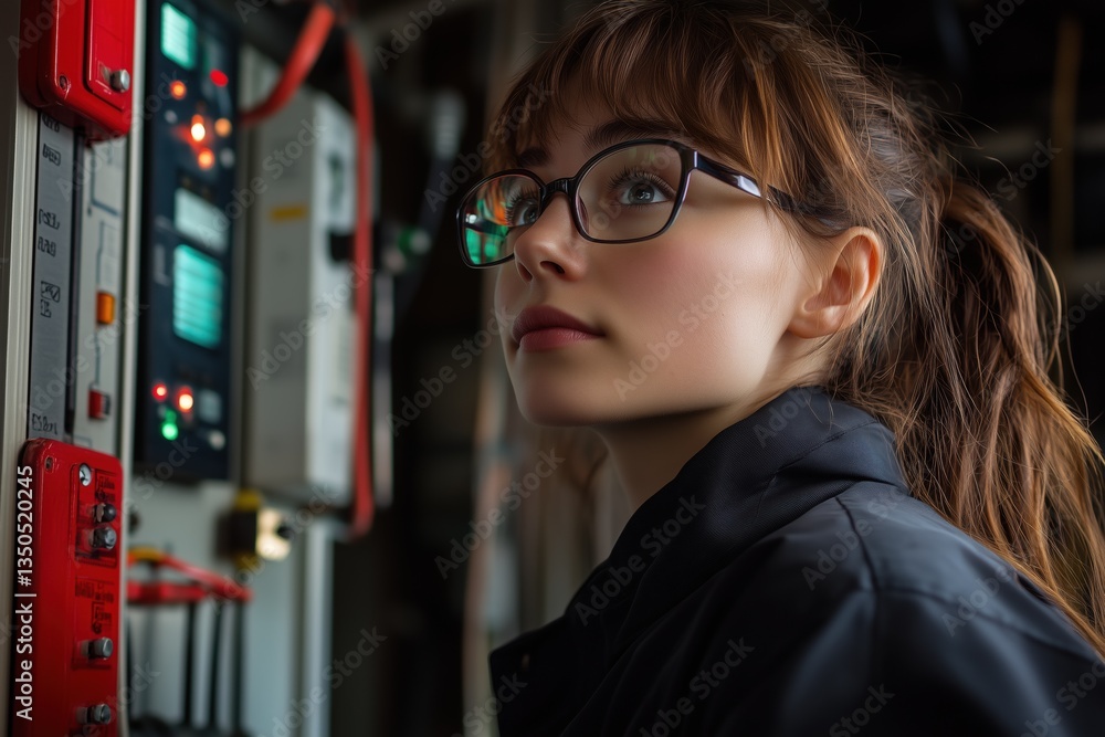Poster a young woman relay protection and automation engineer with glasses is focused on a control panel wi