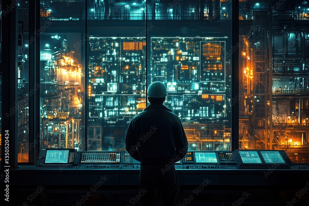 Poster a worker relay protection and automation engineer in a hard hat stands in front of a control panel, 