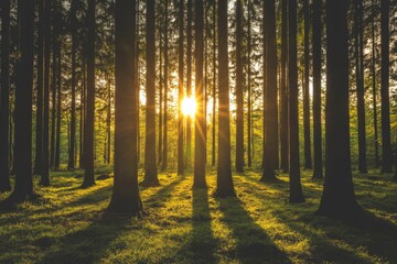 Obraz premium Golden Hour's Embrace Sunbeams Dancing Through a Serene and Majestic Forest Canopy