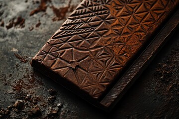 A deliciously crafted chocolate bar with intricate surface patterns, set against a dark matte background, moody lighting