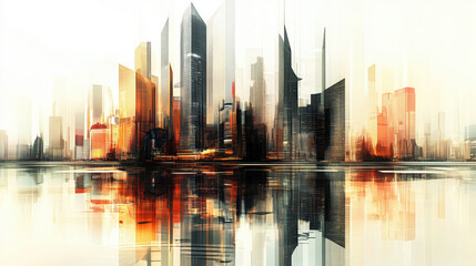 Fototapeta premium Futuristic Financial District with Modern Skyscrapers and Reflections, Architectural Design Background for Corporate and Business Promotional Material