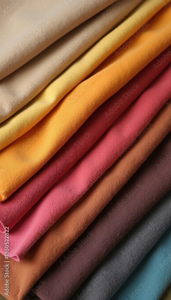 Poster a variety of soft suede samples in rich hues are neatly arranged in a textile studio, showcasing an 