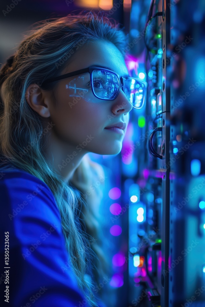 Aufkleber a young woman systems engineer with glasses gazes intently at a colorful array of lights and technol