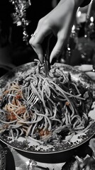 Monochrome Spaghetti Delight, A Culinary Composition of Elegance