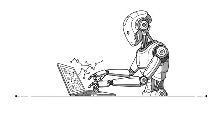 Abstract vector line art of a robot using a laptop