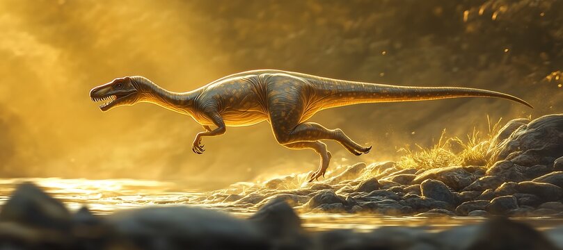 Sleek Lourinhanosaurus sprinting across ancient riverbank agile body gliding effortlessly over rocky terrain The warm sunlight casts a golden glow on its slender frame highlighting its hunting skills