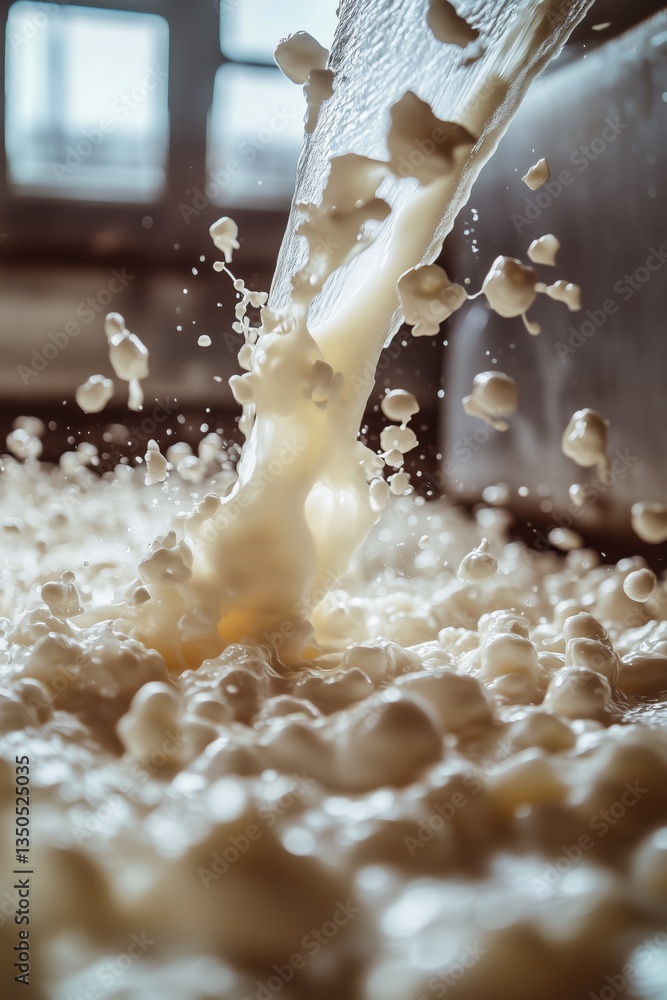 Poster a close-up view of milk being poured, creating splashes and droplets. the scene captures the creamy 