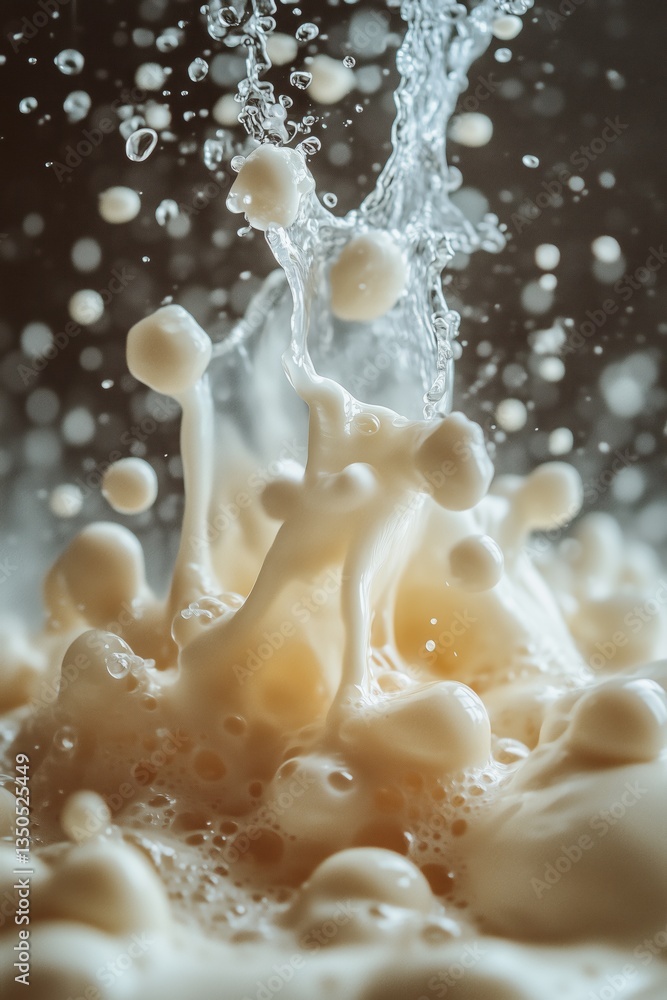 Poster close-up of milk splashing in water, creating dynamic droplets and bubbles. the creamy texture contr