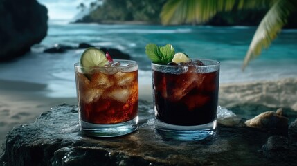 Tropical drinks on a beach, two glasses filled with ice, rum and cola, garnished with lime and mint