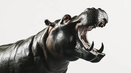 Obraz premium Close-up of a carved hippopotamus sculpture against a plain background. Possible use stock photography