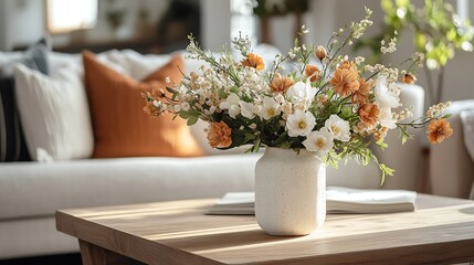 Rustic farmhouse style living room with a vase of wildflowers on a wooden coffee table