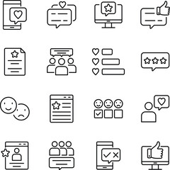 Testimonials icon set. Includes of feedback, review, rating, trust, opinion, comment, quote, and More. Outline icons vector collection