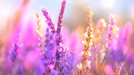 Obraz premium Vibrant field of purple and golden wildflowers bathed in soft sunlight