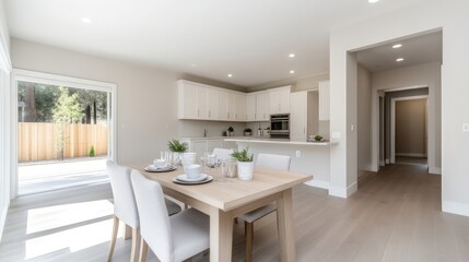 Fototapeta premium Open-concept, bright dining area, kitchen seamlessly integrated