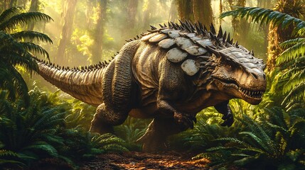 Heavily armored Dacentrurus moving through lush Jurassic forest large plates spiked tail making it an intimidating sight Ferns and massive cycads surround the prehistoric giant bathed in soft sunlight