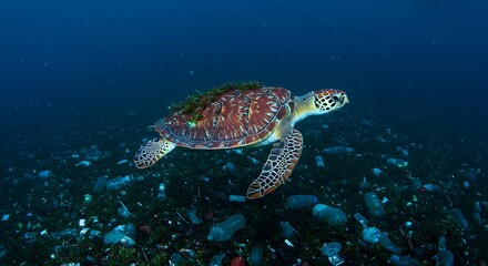 Fototapeta premium Sea Turtle Swimming in Plastic Ocean Pollution