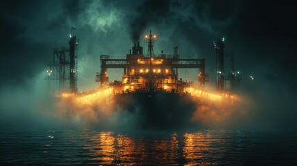 Mysterious cargo ship shrouded in fog at night