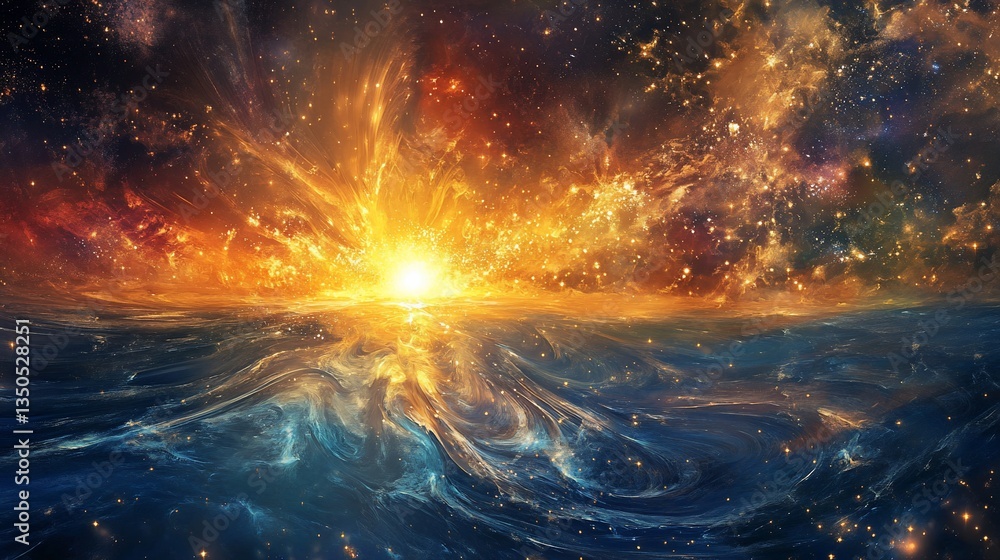 Poster abstract cosmic explosion in space with orange and blue hues creating ethereal effect