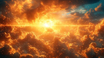 Fiery Celestial Sunset: A breathtaking panorama of clouds ablaze in golden hues, illuminated by a radiant sun.