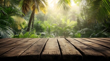 Rustic wooden table in a lush jungle